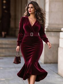 SHEIN LUNE Plus Size Women's Wrap V-Neck Long Sleeve Mermaid Dress, Burgundy, Slim Fit, Fall Style For Christmas, New Year & Cocktail Formal Events - Burgundy - View 3
