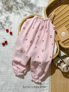 Cozy Pixies Baby Girl Cherry Print Casual Jumpsuit, Summer - Baby Pink - View 1