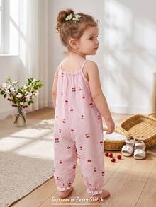 Cozy Pixies Baby Girl Cherry Print Casual Jumpsuit, Summer - Baby Pink - View 6