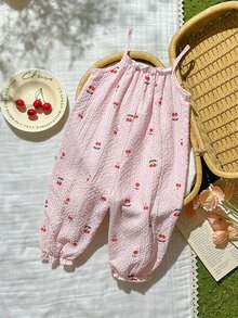 Cozy Pixies Baby Girl Cherry Print Casual Jumpsuit, Summer - Baby Pink - View 2