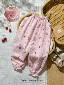 Cozy Pixies Baby Girl Cherry Print Casual Jumpsuit, Summer - Baby Pink - View 7