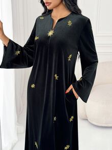 Al Najma V-Neck Embroidered Velvet Elegant Dress With Sophisticated Elegant - Black - View 6