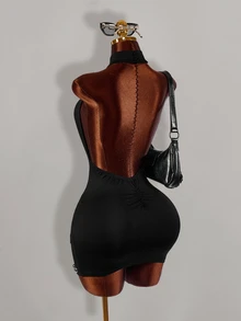 Amplova Women's Beaded Design Cutout Ruched Sexy Halter Neck Street Mini Dress - Black - View 10
