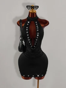 Amplova Women's Beaded Design Cutout Ruched Sexy Halter Neck Street Mini Dress - Black - View 11