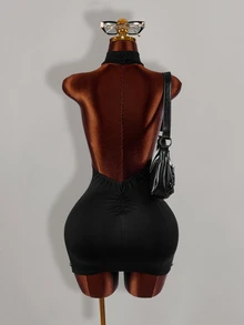Amplova Women's Beaded Design Cutout Ruched Sexy Halter Neck Street Mini Dress - Black - View 6