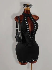 Amplova Women's Beaded Design Cutout Ruched Sexy Halter Neck Street Mini Dress - Black - View 5