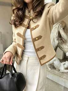 SHEIN Franclia Women's Retro Elegant Brown Wool Fabric Napoleon Button Design Stand Collar Long Sleeve Jacket For Office, Travel, Work, All-Match Jacket, Fall - Khaki - View 7