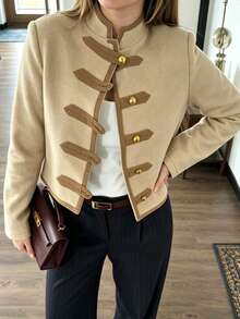 SHEIN Franclia Women's Retro Elegant Brown Wool Fabric Napoleon Button Design Stand Collar Long Sleeve Jacket For Office, Travel, Work, All-Match Jacket, Fall - Khaki - View 5