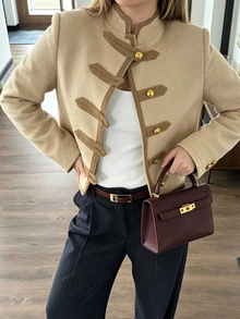 SHEIN Franclia Women's Retro Elegant Brown Wool Fabric Napoleon Button Design Stand Collar Long Sleeve Jacket For Office, Travel, Work, All-Match Jacket, Fall - Khaki - View 6