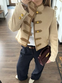 SHEIN Franclia Women's Retro Elegant Brown Wool Fabric Napoleon Button Design Stand Collar Long Sleeve Jacket For Office, Travel, Work, All-Match Jacket, Fall - Khaki - View 9