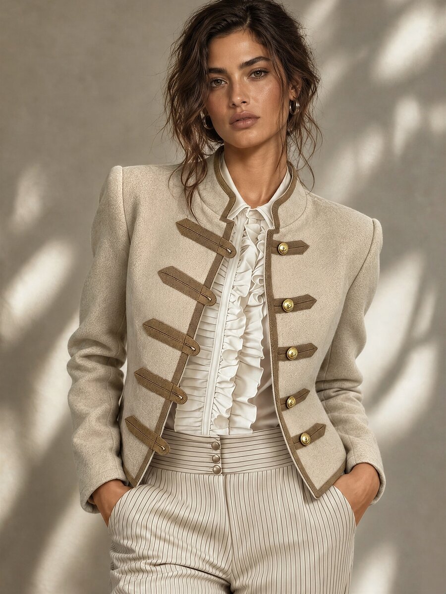SHEIN Franclia Women's Retro Elegant Brown Wool Fabric Napoleon Button Design Stand Collar Long Sleeve Jacket For Office, Travel, Work, All-Match Jacket, Fall - Khaki - View 1