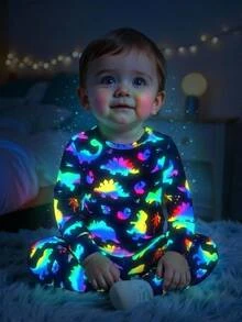 SHEIN Baby Boy Baby Girl Snug Fit Pajama Cartoon Animal Pattern Knit Soft Round Neck Long Sleeve Pullover Autumn Top And Pants Tight Two Pieces Set Christma - Multicolor - View 1