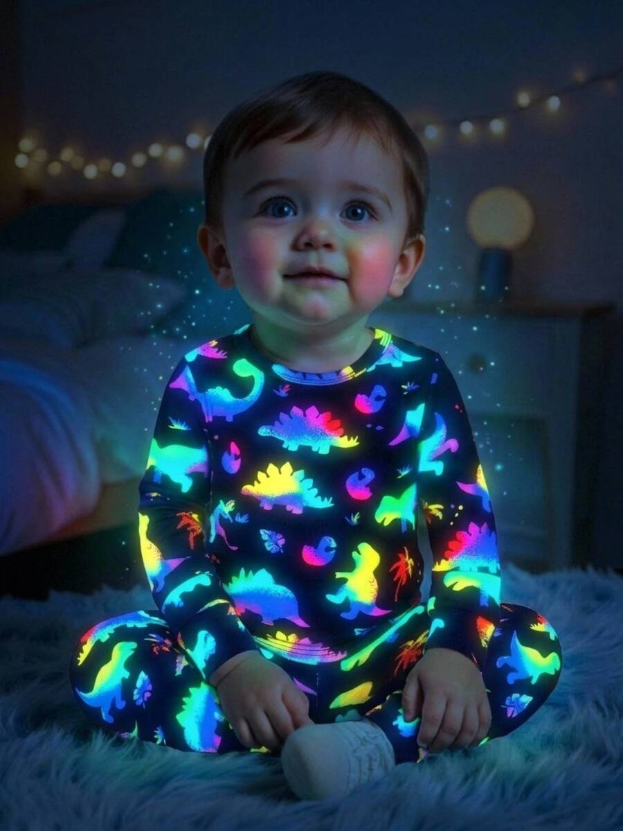 SHEIN Baby Boy Baby Girl Snug Fit Pajama Cartoon Animal Pattern Knit Soft Round Neck Long Sleeve Pullover Autumn Top And Pants Tight Two Pieces Set Christma - Multicolor - View 1