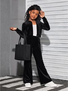 SHEIN Tween 女童天鹅绒连帽开衫和裤子运动休闲套装 - 黑色 - 查看 6