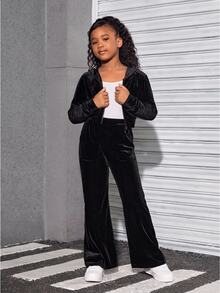 SHEIN Tween 女童天鹅绒连帽开衫和裤子运动休闲套装 - 黑色 - 查看 5