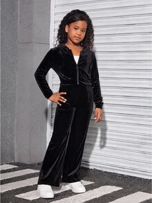 SHEIN Tween 女童天鹅绒连帽开衫和裤子运动休闲套装 - 黑色 - 查看 3