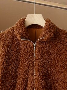 SHEIN Franclia 女士优雅休闲时尚拼布仿皮草夹克 - 棕色 - 查看 6
