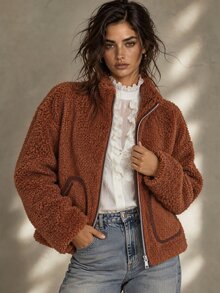 SHEIN Franclia 女士优雅休闲时尚拼布仿皮草夹克 - 棕色 - 查看 1