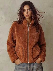 SHEIN Franclia 女士优雅休闲时尚拼布仿皮草夹克 - 棕色 - 查看 3