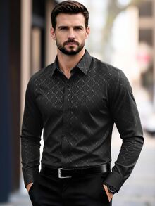 Calvornis Men's Black Button Down Long Sleeve Slim Fit Business Formal Dress Shirt,Long Sleeve Men Shirt, For Fall, Ceremony - Black - View 3