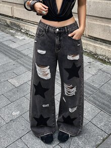 SHEIN Tall Celana Jeans Wanita dengan Bordir dan Kancing Bergaya Rusak - Hitam - View 4