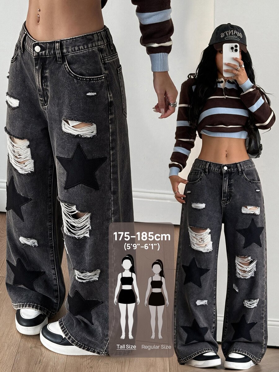 SHEIN Tall Celana Jeans Wanita dengan Bordir dan Kancing Bergaya Rusak - Hitam - View 1