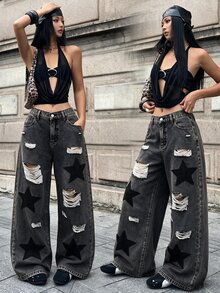 SHEIN Tall Celana Jeans Wanita dengan Bordir dan Kancing Bergaya Rusak - Hitam - View 3