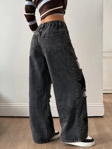 SHEIN Tall Celana Jeans Wanita dengan Bordir dan Kancing Bergaya Rusak - Hitam - View 2