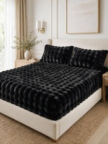 1pc Flannel Bubble Fitted Sheet, Black Bedding, Comfortable Home Textile, Soft Mattress Cover, Deep Pocket Design, Fitted Sheet Only (Pillowcase Not Included), Machine Washable, Suitable For Twin, Full, Queen, King Size Beds, Winter Decor - Black - View 4