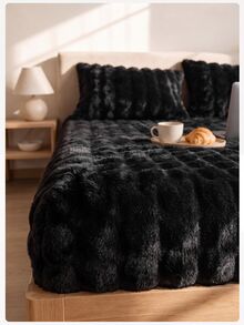 1pc Flannel Bubble Fitted Sheet, Black Bedding, Comfortable Home Textile, Soft Mattress Cover, Deep Pocket Design, Fitted Sheet Only (Pillowcase Not Included), Machine Washable, Suitable For Twin, Full, Queen, King Size Beds, Winter Decor - Black - View 2