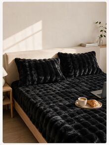 1pc Flannel Bubble Fitted Sheet, Black Bedding, Comfortable Home Textile, Soft Mattress Cover, Deep Pocket Design, Fitted Sheet Only (Pillowcase Not Included), Machine Washable, Suitable For Twin, Full, Queen, King Size Beds, Winter Decor - Black - View 8