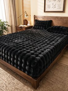 1pc Flannel Bubble Fitted Sheet, Black Bedding, Comfortable Home Textile, Soft Mattress Cover, Deep Pocket Design, Fitted Sheet Only (Pillowcase Not Included), Machine Washable, Suitable For Twin, Full, Queen, King Size Beds, Winter Decor - Black - View 7