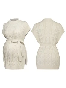 SHEIN Áo vest len dệt kim thường ngày cho bà bầu, thắt nút eo, họa tiết vặn thừng, mùa đông - Màu be - Xem 7