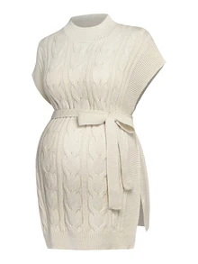 SHEIN Áo vest len dệt kim thường ngày cho bà bầu, thắt nút eo, họa tiết vặn thừng, mùa đông - Màu be - Xem 5