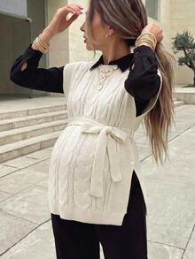 SHEIN Áo vest len dệt kim thường ngày cho bà bầu, thắt nút eo, họa tiết vặn thừng, mùa đông - Màu be - Xem 2