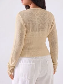 LYSMO Plus Size Women's Allover White Long Sleeve Lace Design Cardigan, Autumn/Winter Dinner Party Cocktail Elegant Decent - Khaki - View 2
