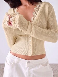LYSMO Plus Size Women's Allover White Long Sleeve Lace Design Cardigan, Autumn/Winter Dinner Party Cocktail Elegant Decent - Khaki - View 3