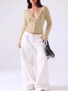 LYSMO Plus Size Women's Allover White Long Sleeve Lace Design Cardigan, Autumn/Winter Dinner Party Cocktail Elegant Decent - Khaki - View 6
