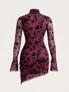 SHEIN ICON 女款植絨花卉迷你洋裝 - 酒紅色 - 查看 2