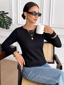 SHEIN 女款時尚秋冬休閒優雅設計師款鏤空後背蕾絲拼接大圓領長袖針織上衣，適合通勤 - 黑色 - 查看 3