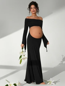 Cheriluna Maternity 女款露肩抓皺露腹長袖修身孕婦攝影套裝，黑色秋季優雅性感，適合萬聖節拍照 - 黑色 - 查看 2