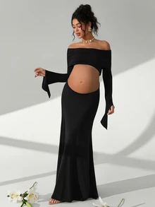Cheriluna Maternity 女款露肩抓皺露腹長袖修身孕婦攝影套裝，黑色秋季優雅性感，適合萬聖節拍照 - 黑色 - 查看 7