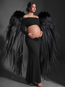 Cheriluna Maternity 女款露肩抓皺露腹長袖修身孕婦攝影套裝，黑色秋季優雅性感，適合萬聖節拍照 - 黑色 - 查看 1