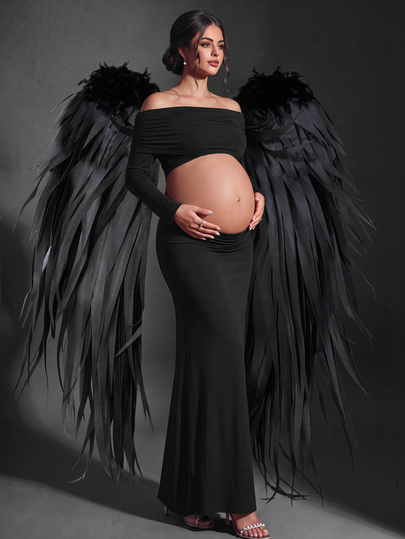 Cheriluna Maternity Bộ đồ chụp ảnh bầu nữ trễ vai nhún eo hở bụng tay dài ôm sát màu đen phong cách thanh lịch quyến rũ cho mùa thu và Halloween