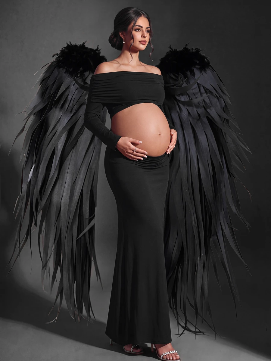 Cheriluna Maternity 女款露肩抓皺露腹長袖修身孕婦攝影套裝,黑色秋季優雅性感,適合萬聖節拍照 - 黑色 - 查看 1