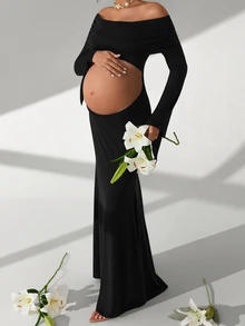 Cheriluna Maternity 女款露肩抓皺露腹長袖修身孕婦攝影套裝，黑色秋季優雅性感，適合萬聖節拍照 - 黑色 - 查看 4