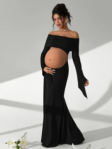 Cheriluna Maternity 女款露肩抓皺露腹長袖修身孕婦攝影套裝，黑色秋季優雅性感，適合萬聖節拍照 - 黑色 - 查看 5