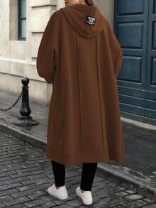 EMERY ROSE Plus Size Solid Color Casual Hooded Jacket, Suitable For Autumn/Winter Fall Cloth For Women - Brown - View 2