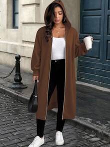 EMERY ROSE Plus Size Solid Color Casual Hooded Jacket, Suitable For Autumn/Winter Fall Cloth For Women - Brown - View 5