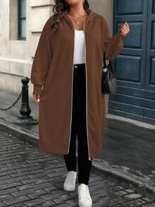 EMERY ROSE Plus Size Solid Color Casual Hooded Jacket, Suitable For Autumn/Winter Fall Cloth For Women - Brown - View 4